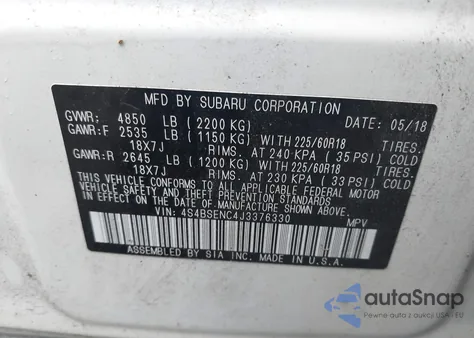 2018 Subaru Outback 3.6R Limited from USA, damaged, VIN 4S4BSENC4J3376330